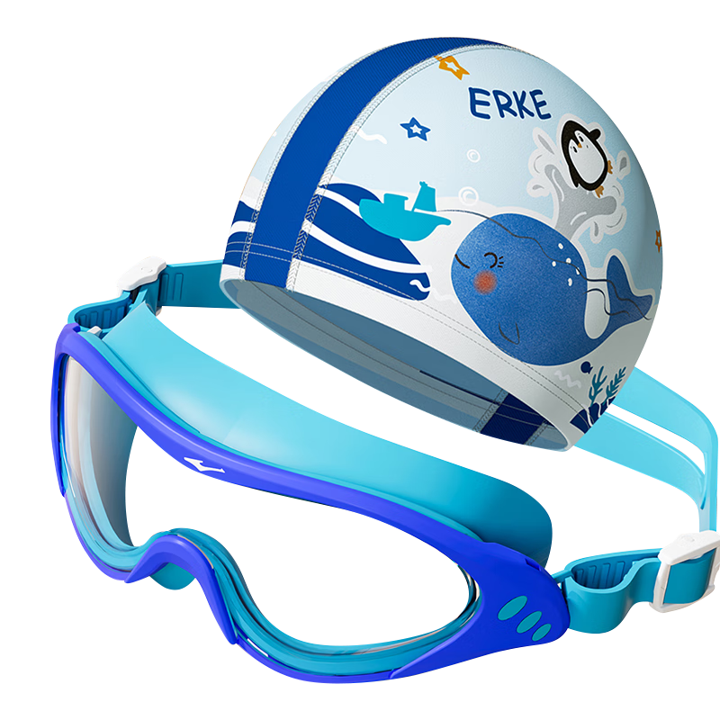 ERKE Kids Swimming Goggles Large Frame HD Waterproof Anti-Fog Non-Prescription Swim Goggles and Swim Cap Set