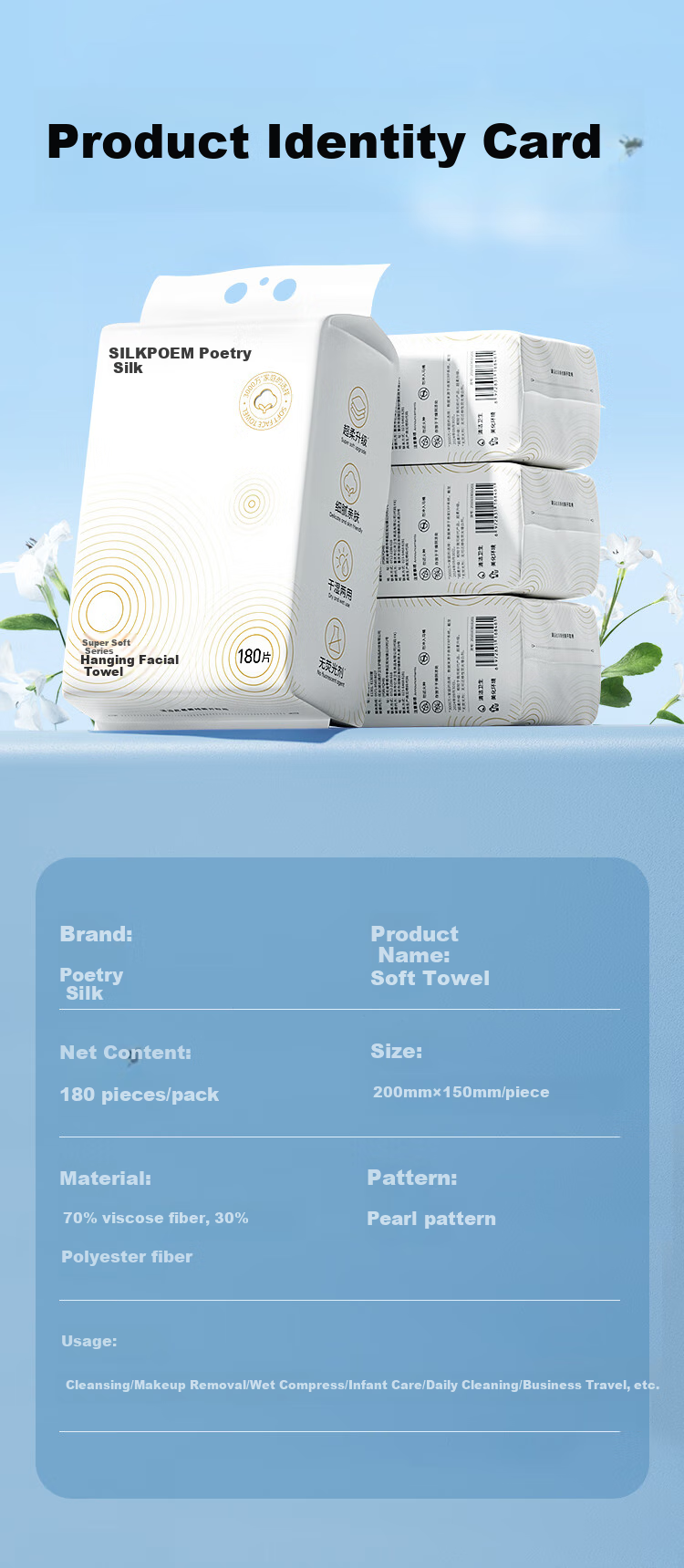 Shibo Pure Cotton Face Towels, 70 Sheets*3 Packs, Soft Cotton Wipes, 100% Pure Cotton Disposable Baby Facial Cleansing Wipes, Pull-Out Style 14