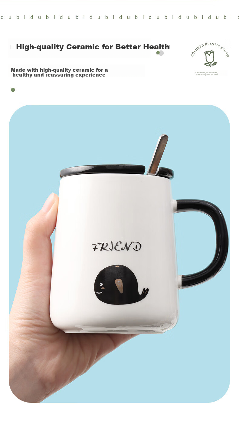 BJ Mug, Coffee Cup, Milk Cup, Breakfast Cup with Spoon And Lid, Large Capacity Water Bottle for Men And Women, 420ML 4