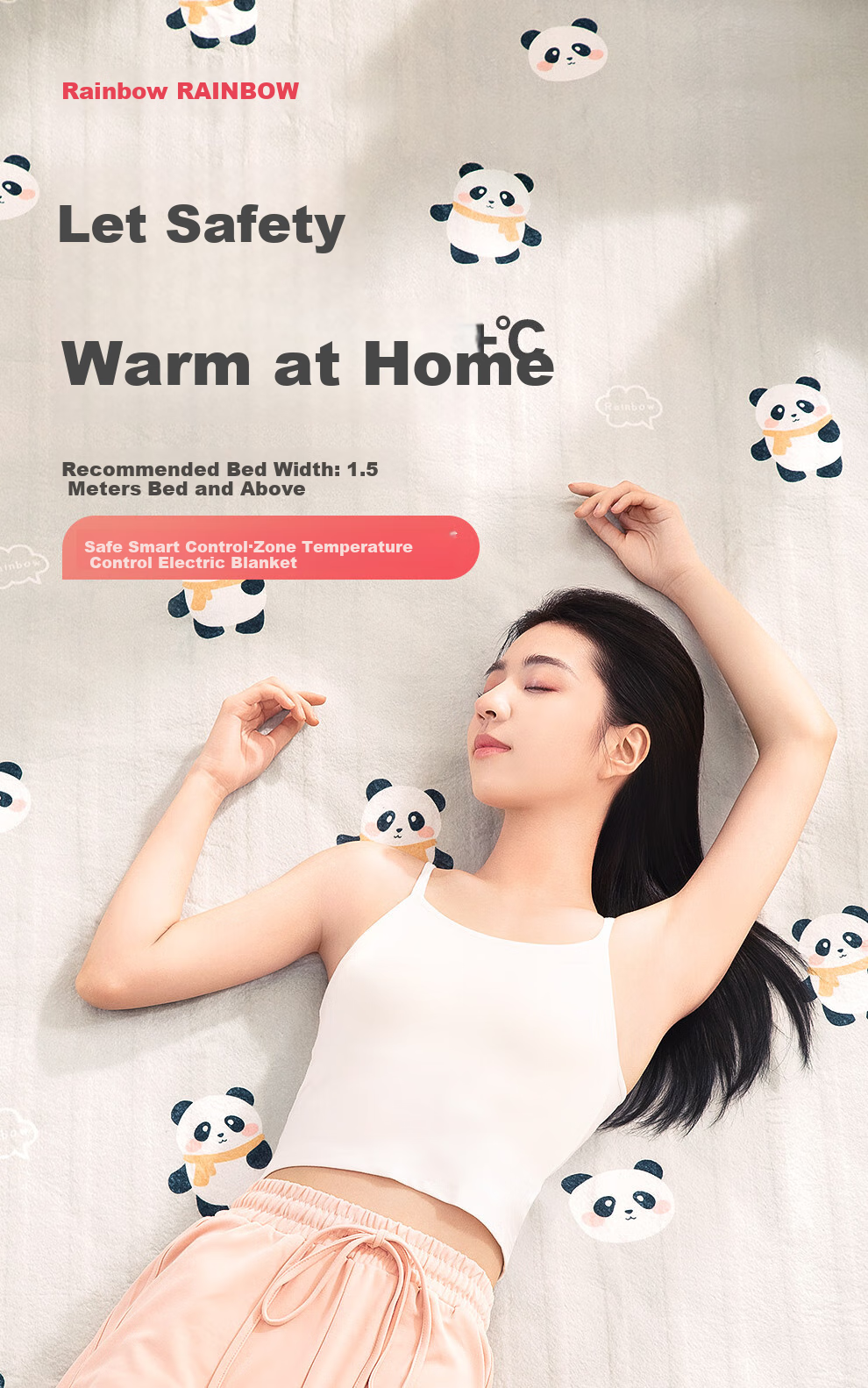 RAINBOW High-Temperature Power-Off Double-Person Timed Mite Removal Dual-Temperature Dual-Control Non-Woven Electric Heating Blanket 2*1.8m 2