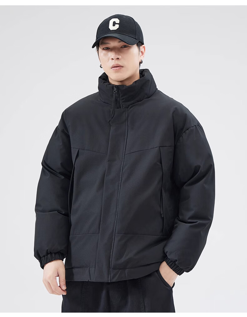 Cotton Casual Men's Winter Solid Color Stand Collar Cotton Jacket Warm Cotton Padded Coat Black 2XL 4