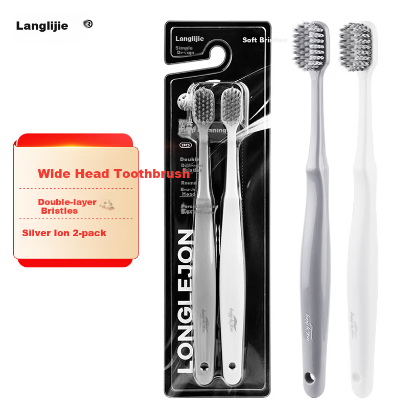 Langlijie Wide-Head Deep Cleaning Adult Soft Bristle Toothbrush, Silver Ion Antibacterial Ceramic Handle Travel Toothbrush for Couples, 2-Pack