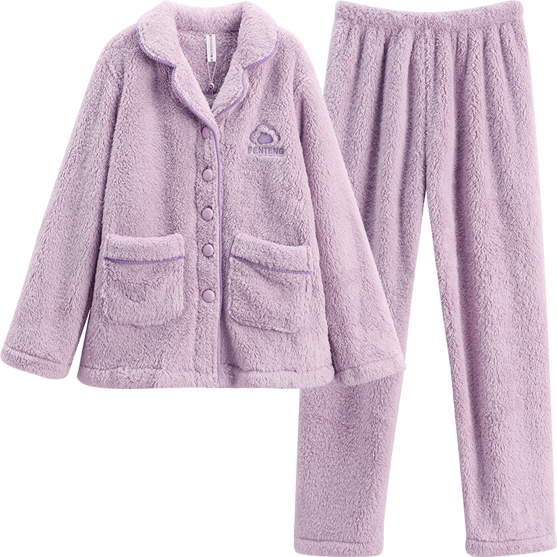 Fenteng Couples Coral Fleece Pajamas Autumn Winter New Thickened Plush Women's Set Flannel Casual Warm Homewear for Men