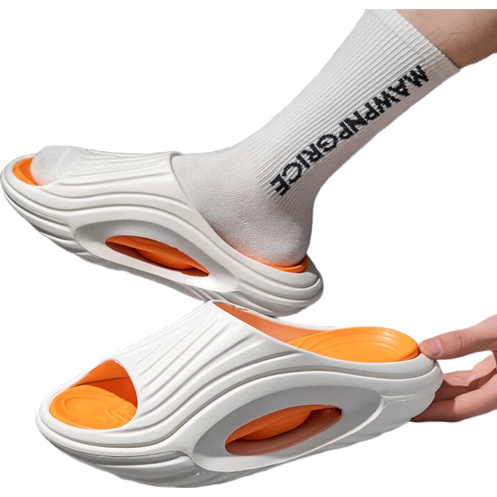 Daxixiansen Cloud Slippers, Men's Sandals with Squishy Feel, Sports Fashion Beach Thick-Soled Outdoor Slippers for Men, White And Orange, Size 44-45