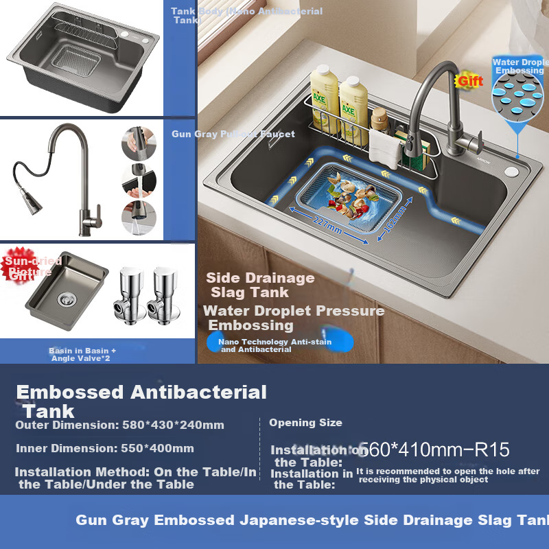 ARROW Kitchen Sink for Small Apartments, Large Single Basin, Nano Textured 304 Stainless Steel Sink for Washing Dishes And Vegetables