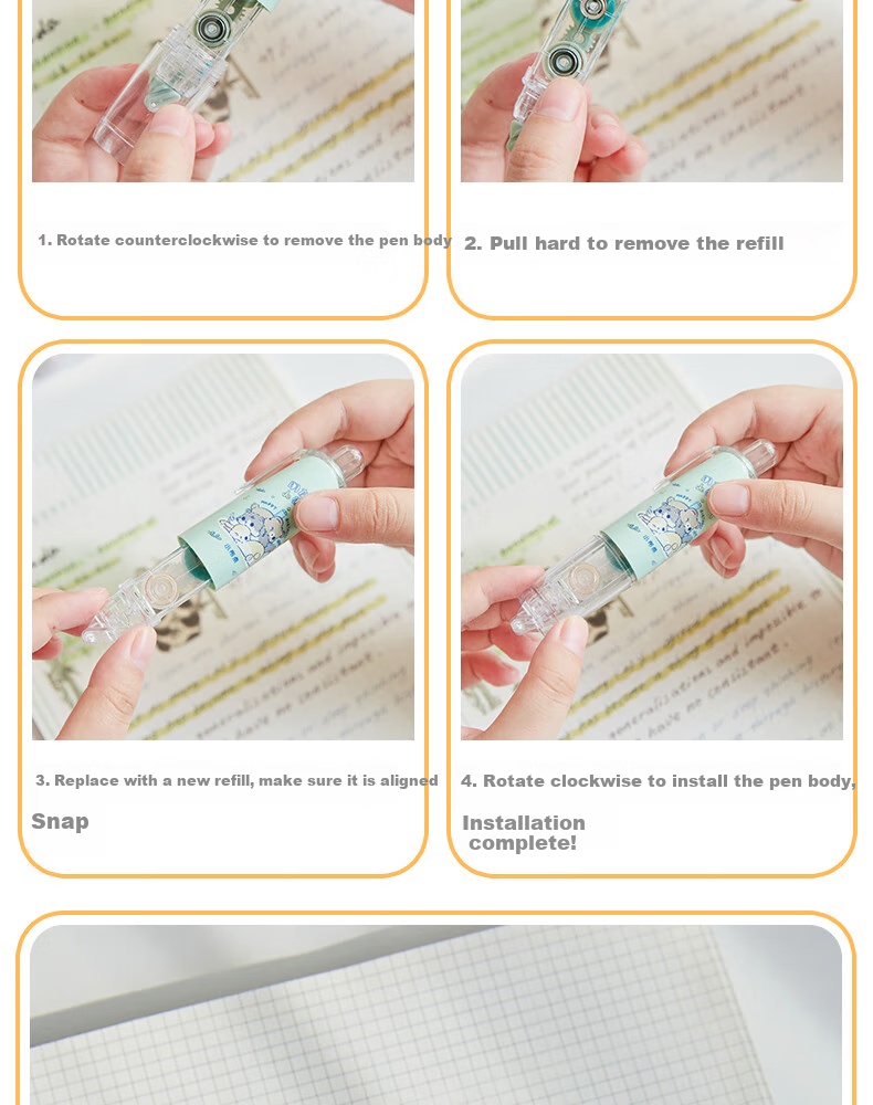 Sannianerban 4-Pack Retractable Dot Glue, Children's High-Quality Large-Capacity Double-Sided Adhesive Pen with Replaceable Refills, Traceless Glue, Round Dot Glue, Solid Glue, Patterned in 4 Colors 8