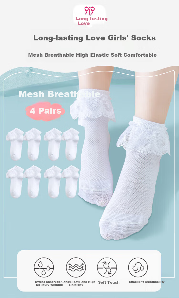 9i9 Children's Socks Girls Spring Autumn Lace Princess Socks Latin Dance Short Socks F21 Pink+White 4 Pairs S 1