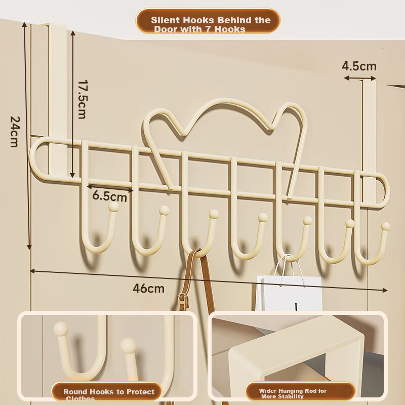 Baicaoyuan Door-Back Hook, No Drilling Required, Over-The Coat Rack with 7 Hooks, Bedroom Clothes And Hat Hook, Back-Of Storage Hanger for Clothes And Bags