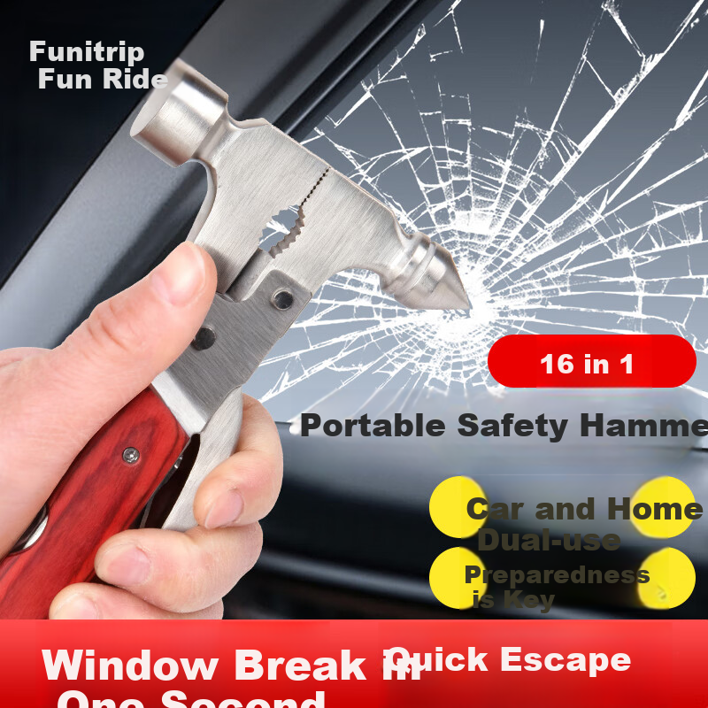 Quxing Car Safety Hammer, Metal Multi-Functional 16-In Household And Vehicle Dual-Use Life-Saving Hammer Tool Set, Steel Window Breaker