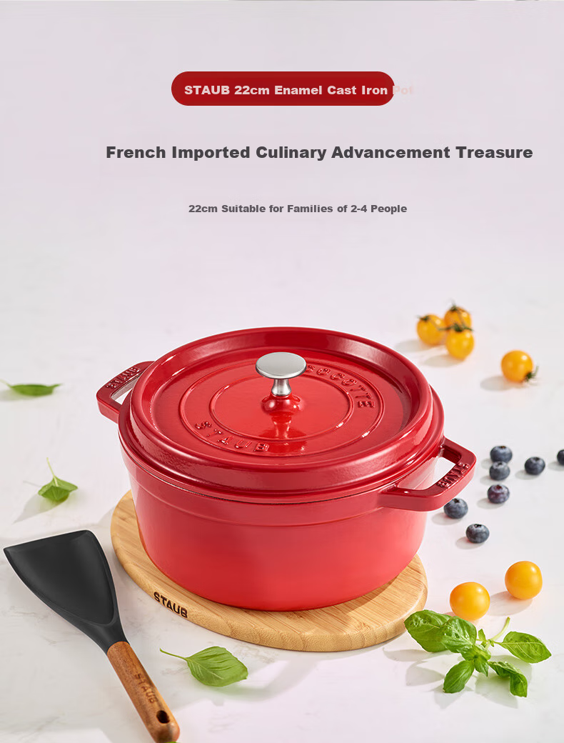 Staub Kitchen Essential, French Imported Enamel Cast Iron Pot, Cherry Red, 22cm Double-Handled Soup Pot, 40509-825 1