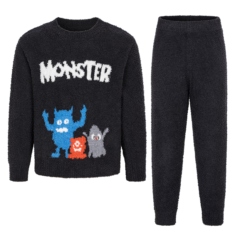 AIMER KIDS Boys' Pullover Long Sleeve Fleece Loungewear Winter Black Half-Side Fleece Pajama Set - Fuzzy Monster 100
