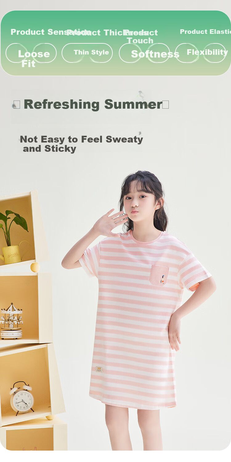Hodohome [Same As in Mall], Children's Pajamas for Girls, Size 40S Cotton-Spandex Sweet Cute Nightgown, Breathable Dress 322, 130 1