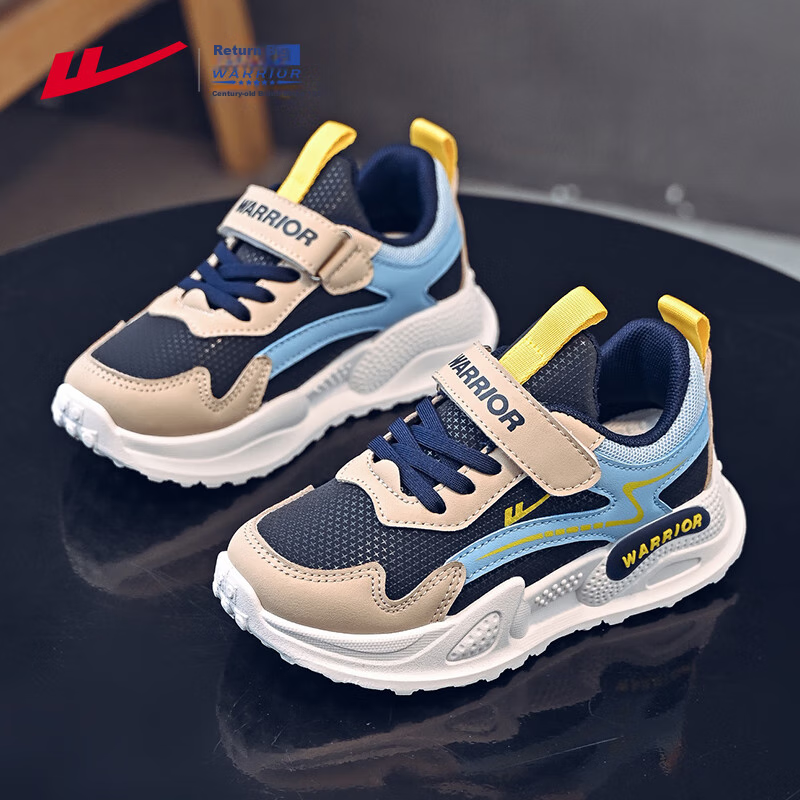 Warrior Children's Shoes, Boys' Running Shoes, Spring And Autumn Soft-Soled Lightweight Kids' Sneakers WZ(CL)-0852, Navy Blue And Khaki Blue, Size 34