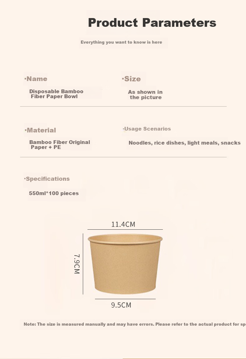 Jianaishenghuo Disposable Paper Bowls, 550ml*100 Pieces, Bamboo Fiber Soup Bowls for Hot And Sour Noodles, Rice Noodles, Takeout Bowls, without Lids 3
