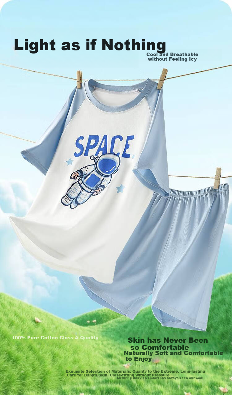 Bingxuemumian Children's Summer Pure Cotton Short-Sleeve Shorts Set, Class A Home Wear, for Teenagers And Older Children, Two-Piece Set 1
