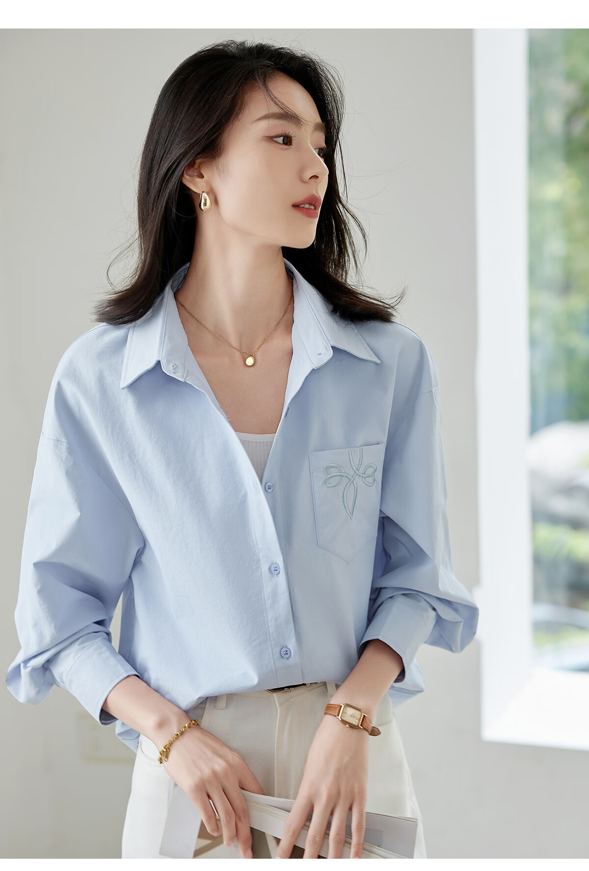 Chushen Women's Spring and Autumn Long Sleeve Shirt Embroidered Pocket Design Loose Simple Commuter Blouse S143C2031 12
