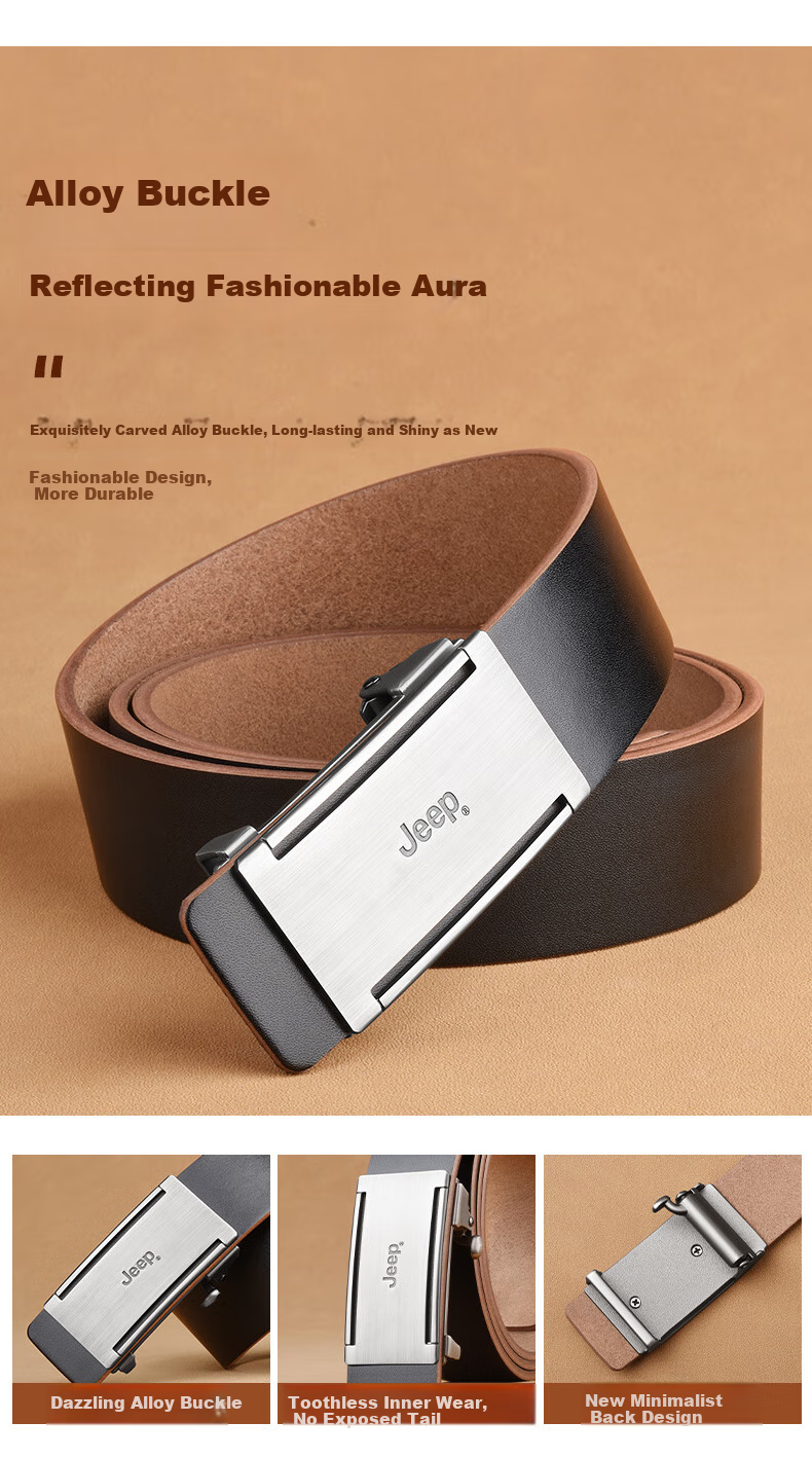 JEEP Men's Belt, Top-Grain Leather, Toothless Automatic Buckle, Casual Pants Belt, Birthday Gift for Boyfriend 2