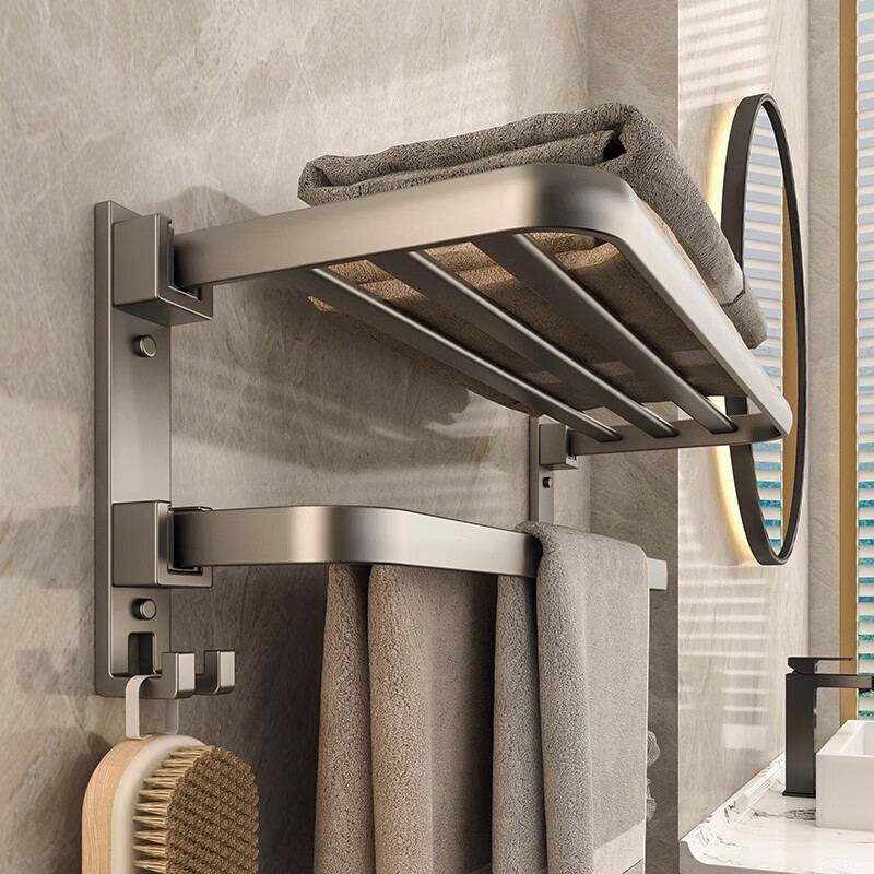 YOUQIN No-Drill Towel Rack, Foldable Bathroom Towel Hanger, Bathroom Storage Rack, Toilet Organizer Hanging Rod