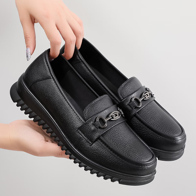 Hengyuanxiang Women's Single Middle-Aged and Elderly Mom Leather Loafers J50817 Black 36