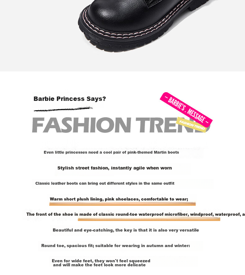 Barbie Kids Spring and Autumn Single-Lined Children's Boots Girls Martin Boots Fashion Short Leather Boots DA5085 Black Size 35 2