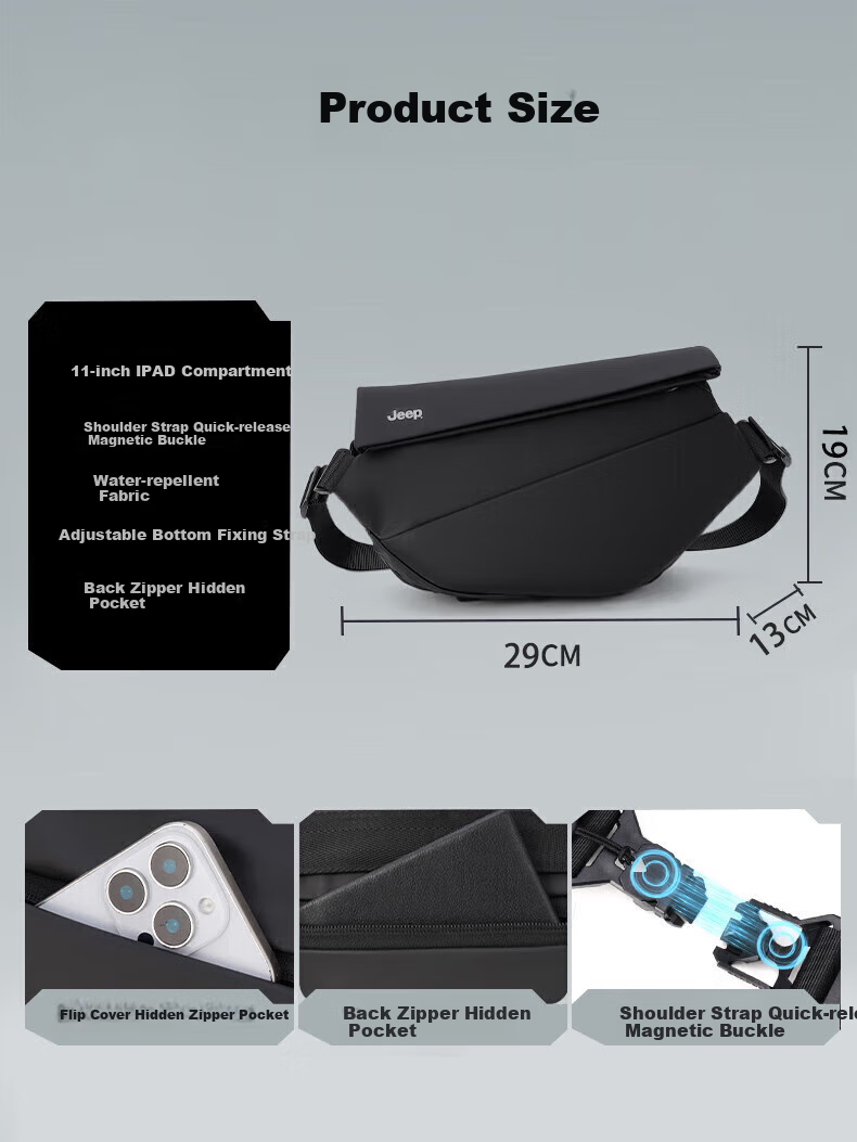 JEEP Magnetic Buckle Crossbody Bag, Men's Shoulder Bag, Chest Bag, Large Capacity Functional Casual Commuter Cycling Phone Mini Backpack 7