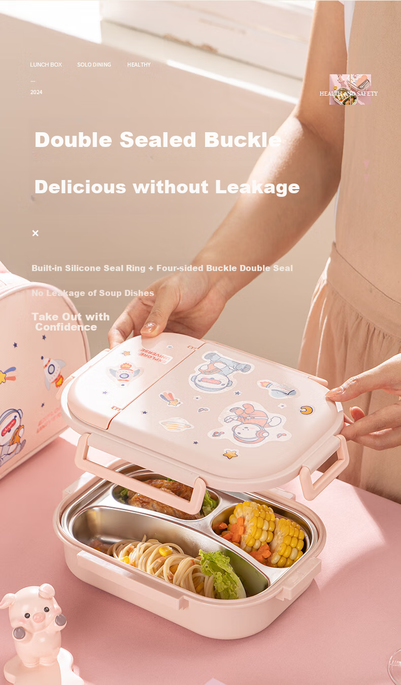 Guangyi 316 Stainless Steel Lunch Box for Elementary School Students And Office Workers, 3-Compartment Bento Box with Utensils And Soup Bowl + Bag GY7406 6