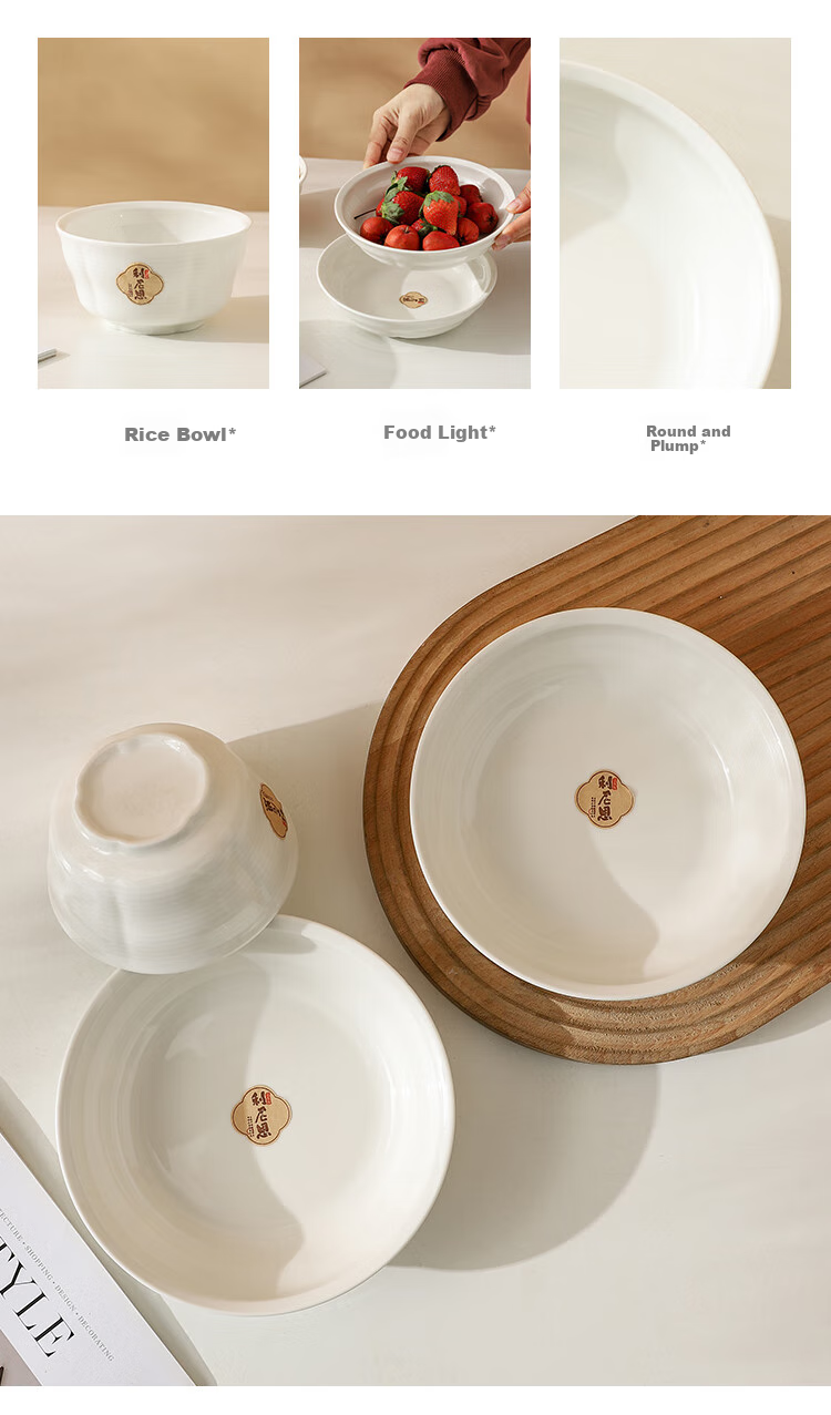 Linien Ceramic Bowl And Plate Set, Nordic Simple Solid Color Plates And Bowls, 10-Piece Set for Home Use, Microwave Safe, Cream White Color 5