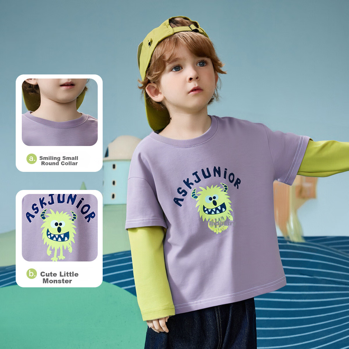 ASK JUNIOR [Faux Two-Piece] Children's Long-Sleeve T-Shirt, Spring 2026, Older Children's Monster Pattern, Toddler Undershirt, Boys' Top