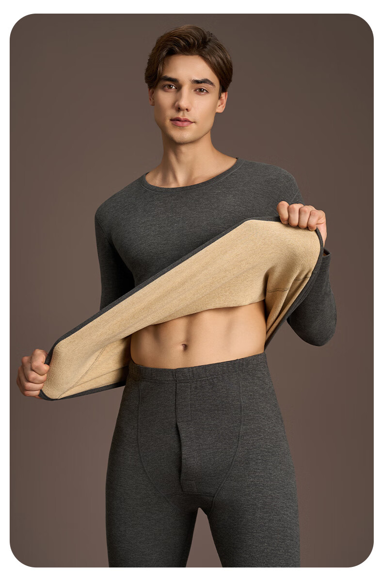 GUJIN Men's Thermal Set Camel Hair Silk Autumn Winter Base Layer Fleece Lined Quick Warm Antibacterial 10A 19