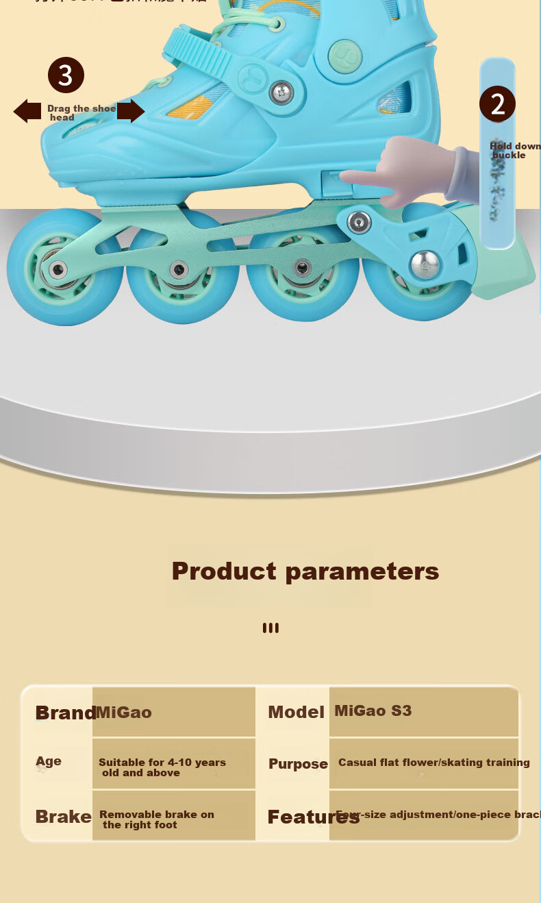 Migao Roller Skates for Children, Inline Skates for Boys, Beginner's Roller Skates for Primary And Secondary School Students, Ice Skates, Roller Skates with Straight Wheels S3 Set Blue M 10