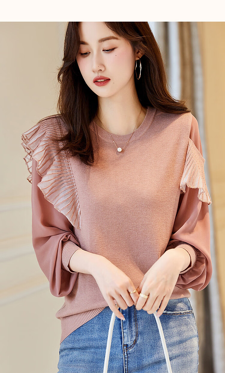 Dme [Containing Fluffy Wool] Spring And Autumn Stylish Spliced Sweater, Concealing Body Shape, Slimming Effect, Elegant Knitted Sweater for Women with High-End Feel 15