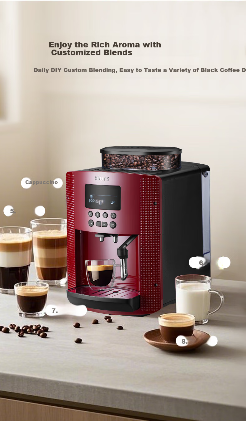 Krups German Coffee Machine for Home/Office Use, Fully Automatic Espresso Machine with Built-In Grinder, European Import EA815580 (Red) 9