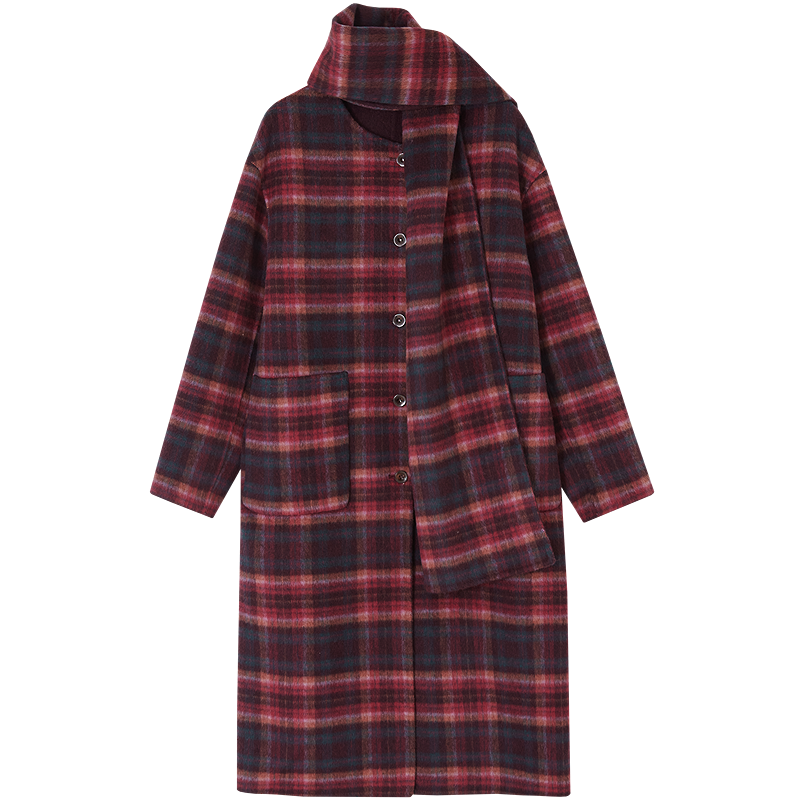 Demana Handmade Double-Sided Wool Blend Plaid Tassel Scarf Women's Winter Modern Lambswool Coat