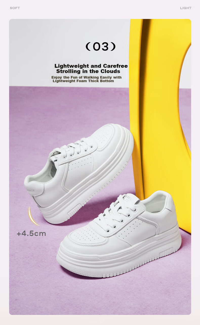 Belle Women's Shoes, Simple And Versatile White Sneakers, Breathable for Spring And Summer, Height-Increasing Thick-Soled Casual Shoes, Skateboard Shoes B2597BM5, White, Size 34 5