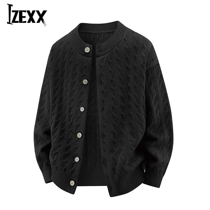 IZEXX Twisted Pattern Cardigan Sweater Men Autumn Winter Textured Casual Versatile Knit Jacket TZ01 Warm Black M