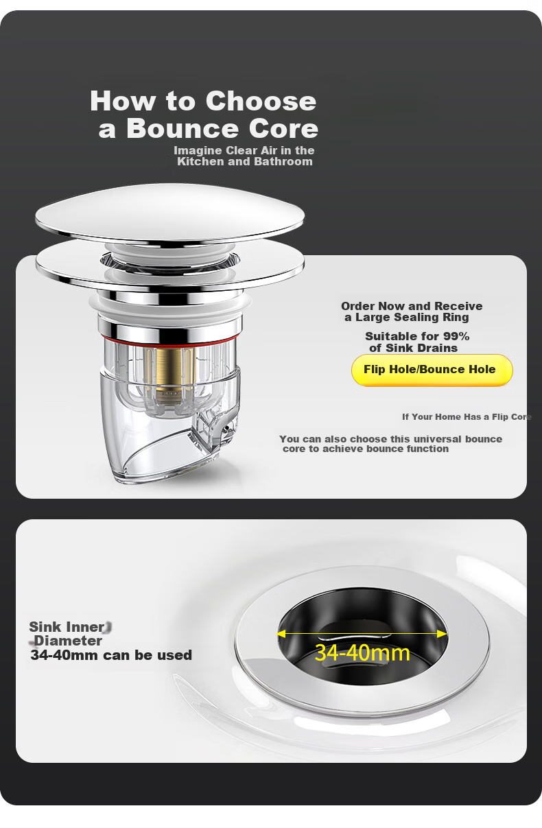 Haili Copper Sink Drain Stopper, Bathroom Countertop Drain, Pop-Up Core Filter, Anti-Odor Device X22 1