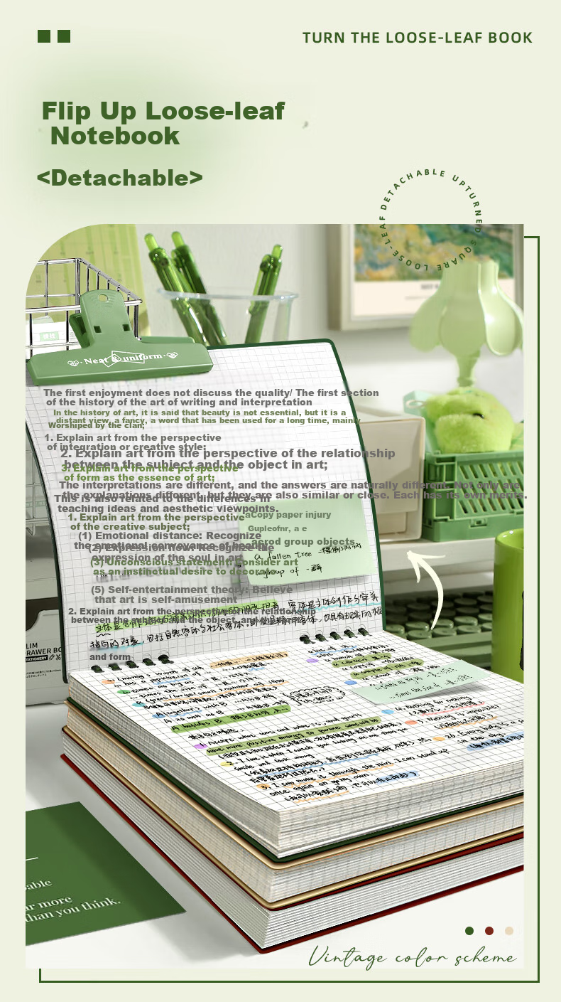 Jinzhi High-Quality Vintage Square Notebook, 120 Pages Loose-Leaf Notebook, Top-Flip Detachable Pages, Comfortable for Middle And High School Students, Error Correction And Memo Pad, Dark Green Color 1