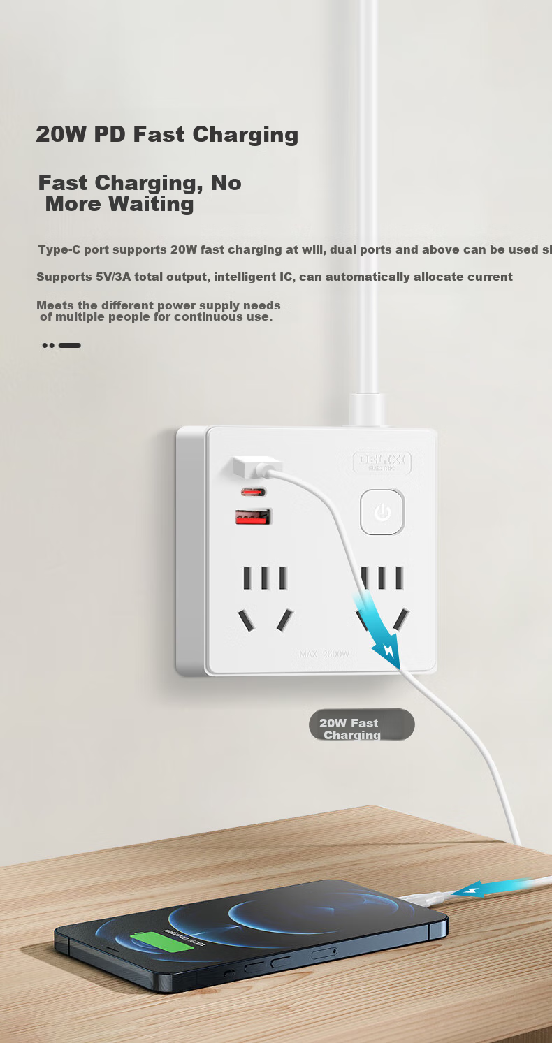DELIXI 20W PD Fast Charging 86-Type Socket Adapter/Converter Plug/USB+Type-C Socket Extension/One-To Power Strip/Wireless Master Switch 5