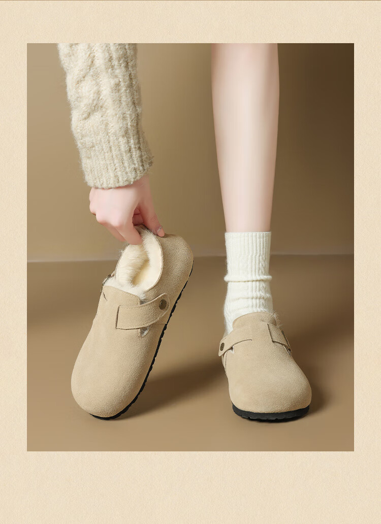 ZHR Suede Leather Birkenstock Women's Winter Fleece Lined Warm Cotton Shoes with Height Increase Casual Shoes JQ07B Dark Khaki Size 38 2