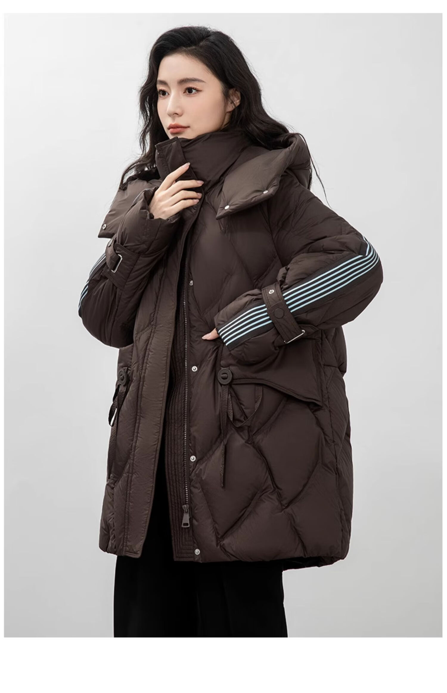 BLOOM FLOWERS Women's Down Jacket 2025 Winter Mid-Length Solid Color Striped Fashion Casual Hooded Warm Coat 28