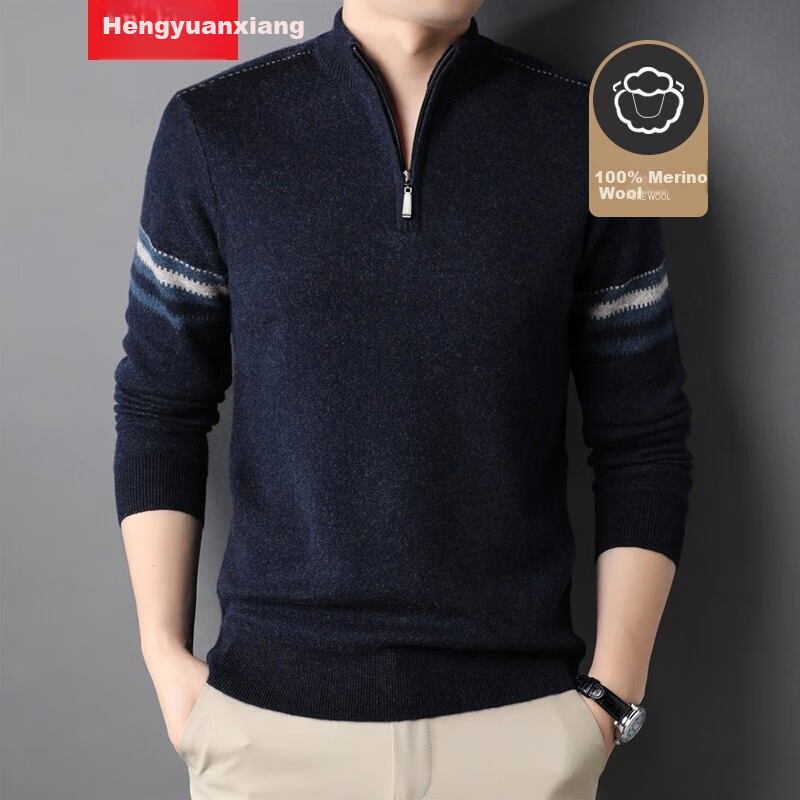 Hengyuanxiang Men's Thickened Winter Zip-Up Turtleneck Sweater, 100% Wool Knit Pullover, Middle-Aged And Young Men's Clothing