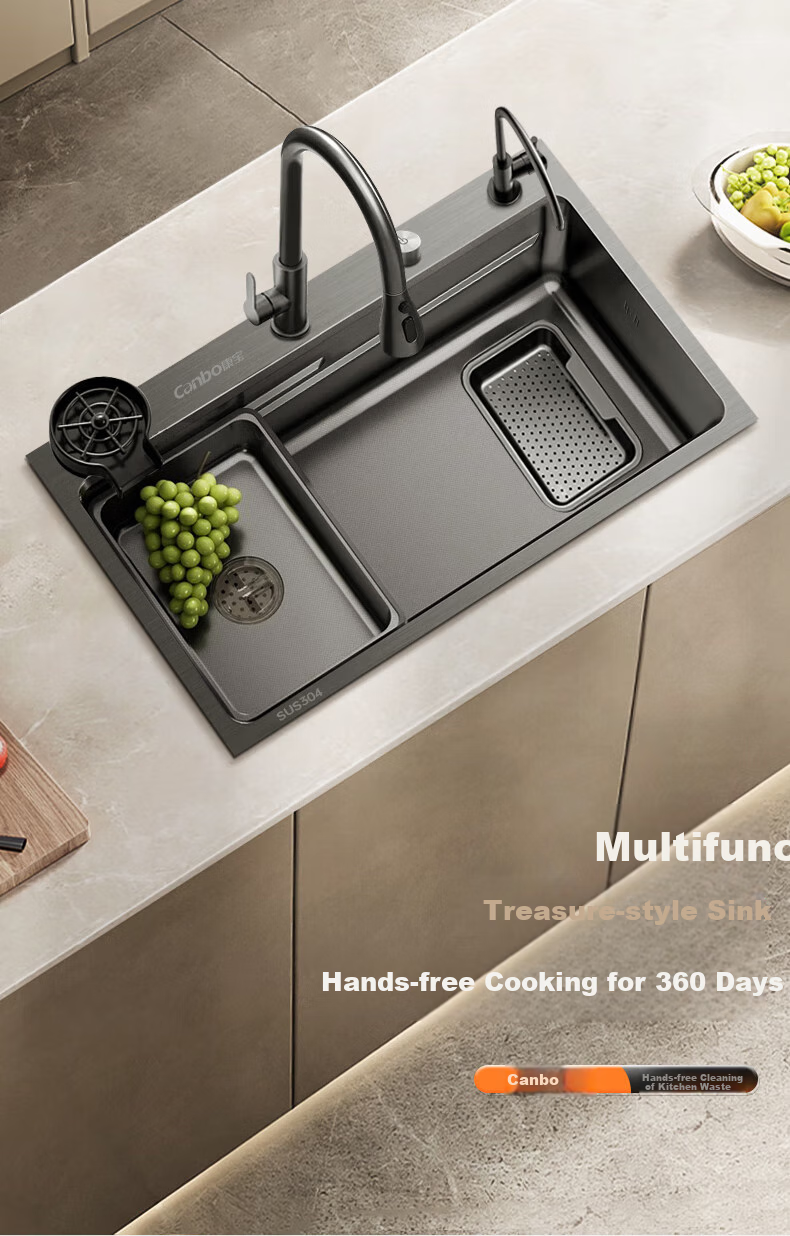 Canbo Large Single Sink, SUS304 Stainless Steel Kitchen Embossed Nano Faucet Set, Integrated Vegetable Washing Basi 2