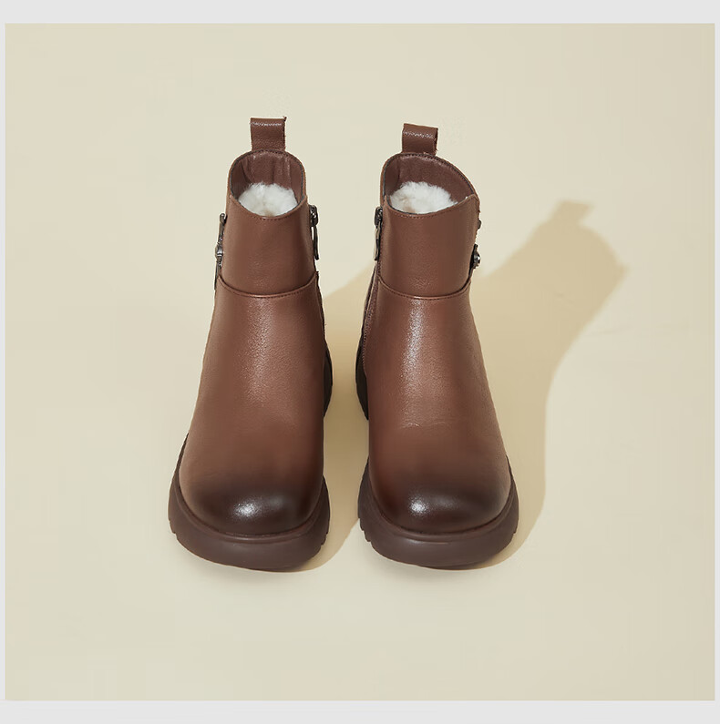 FUGUINIAO Ultra Thick Fleece-Lined Genuine Leather Cowhide Short Boots for Women Autumn Winter Warm Cold-Resistant Metal Decor Elegant Women's Boots Brown Size 36 12