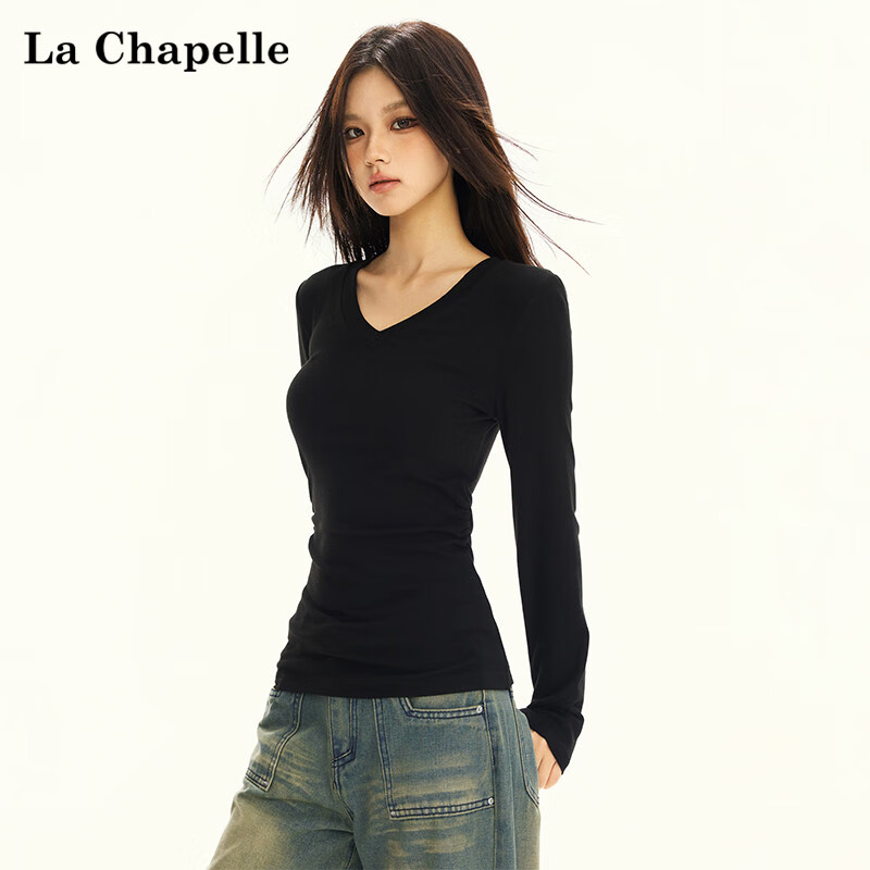 La Chapelle Black V-Neck Long Sleeve Slim Fit T-Shirt for Women 2025 Autumn Winter New Black XL
