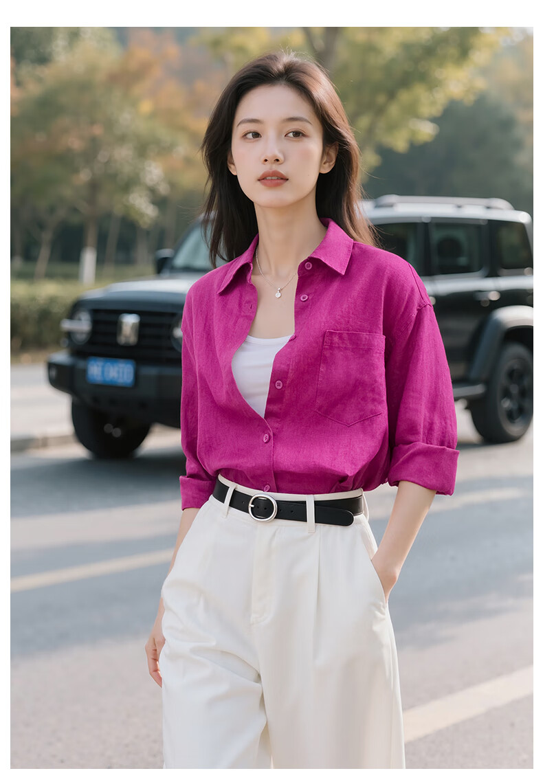 Fansiman Commuter Linen Long Sleeve Shirt Women Autumn New Simple Relaxed Fit Lapel Top Dragon Fruit Red M 3