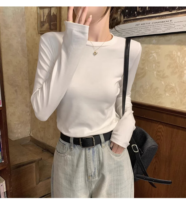 La Chapelle Women's Pure Cotton Base Shirt 2025 New Slim Fit Round Neck Long Sleeve T-Shirt Top Light Gray S 9