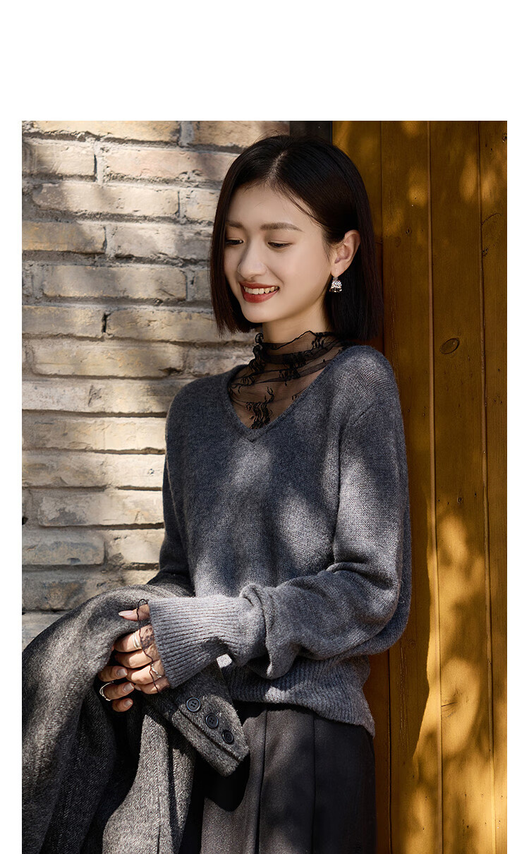 Demana Zhenxiang 100% Wool Autumn Vintage Turtleneck Lace Spliced Knit Sweater for Women 5