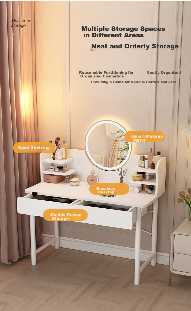 OLENOUFENG Dressing Table, Modern Minimalist Bedroom Vanity, Compact Luxury High-End Makeup Desk with LED Light And Dressing Mirror 2