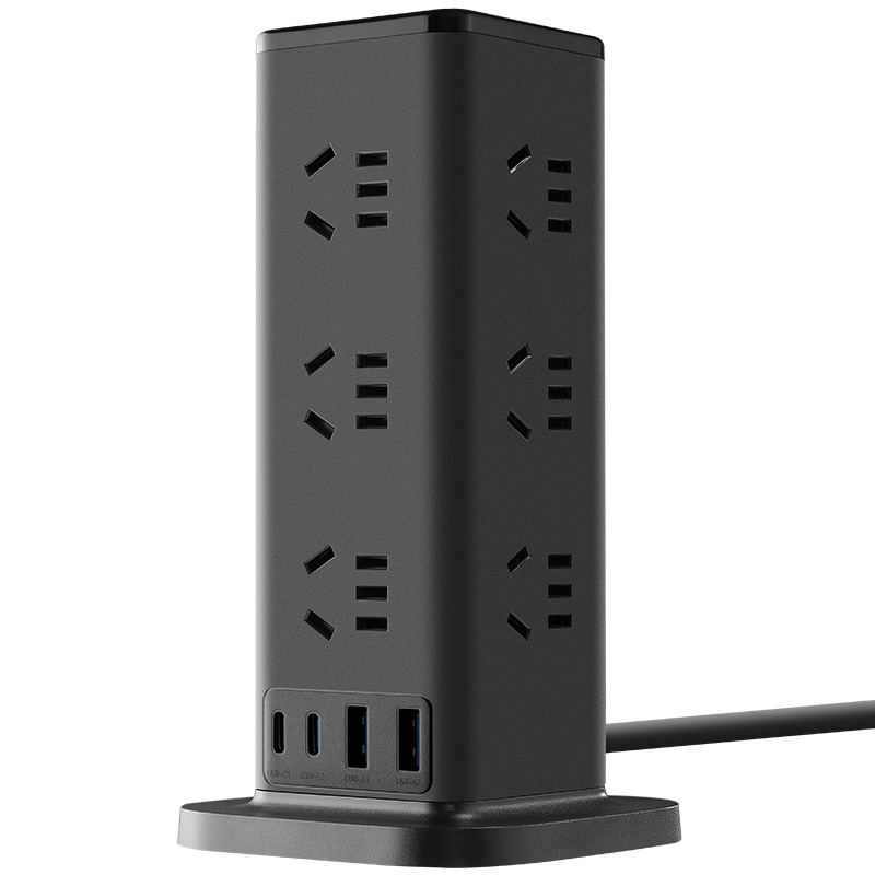 BULL New National Standard 20W Fast Charging Vertical Socket Power Strip with Overload and Overpower Protection USB Extension Board 12-Position Master Control 1.6m UL1012U2 Black