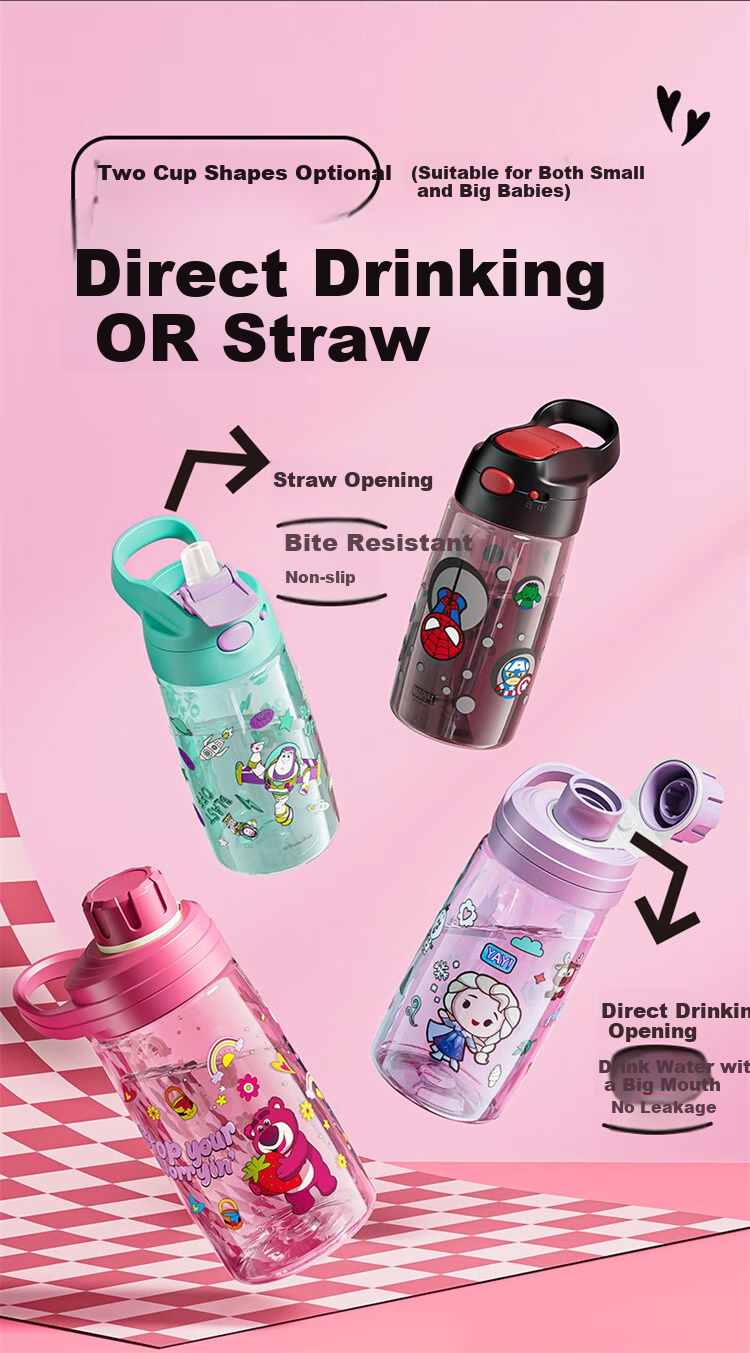 Dishini Straw Cup for Students And Children, Women's Summer Tritan Plastic Portable High-Temperature Resistant Water Bottle, 600mL, Stitch Desig 5